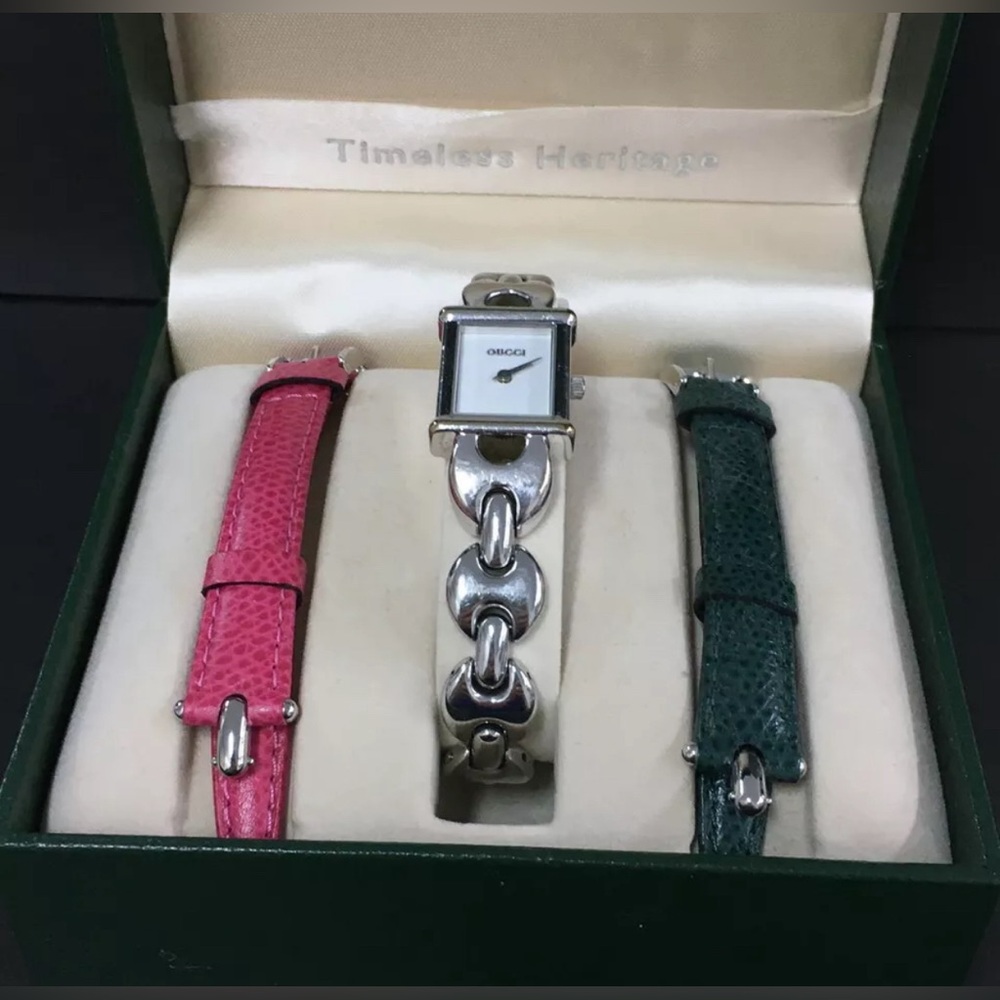 GUCCI 1800L Change Belt Silver Tone Quartz Watch w/2 extra strap/WA0140 EUC